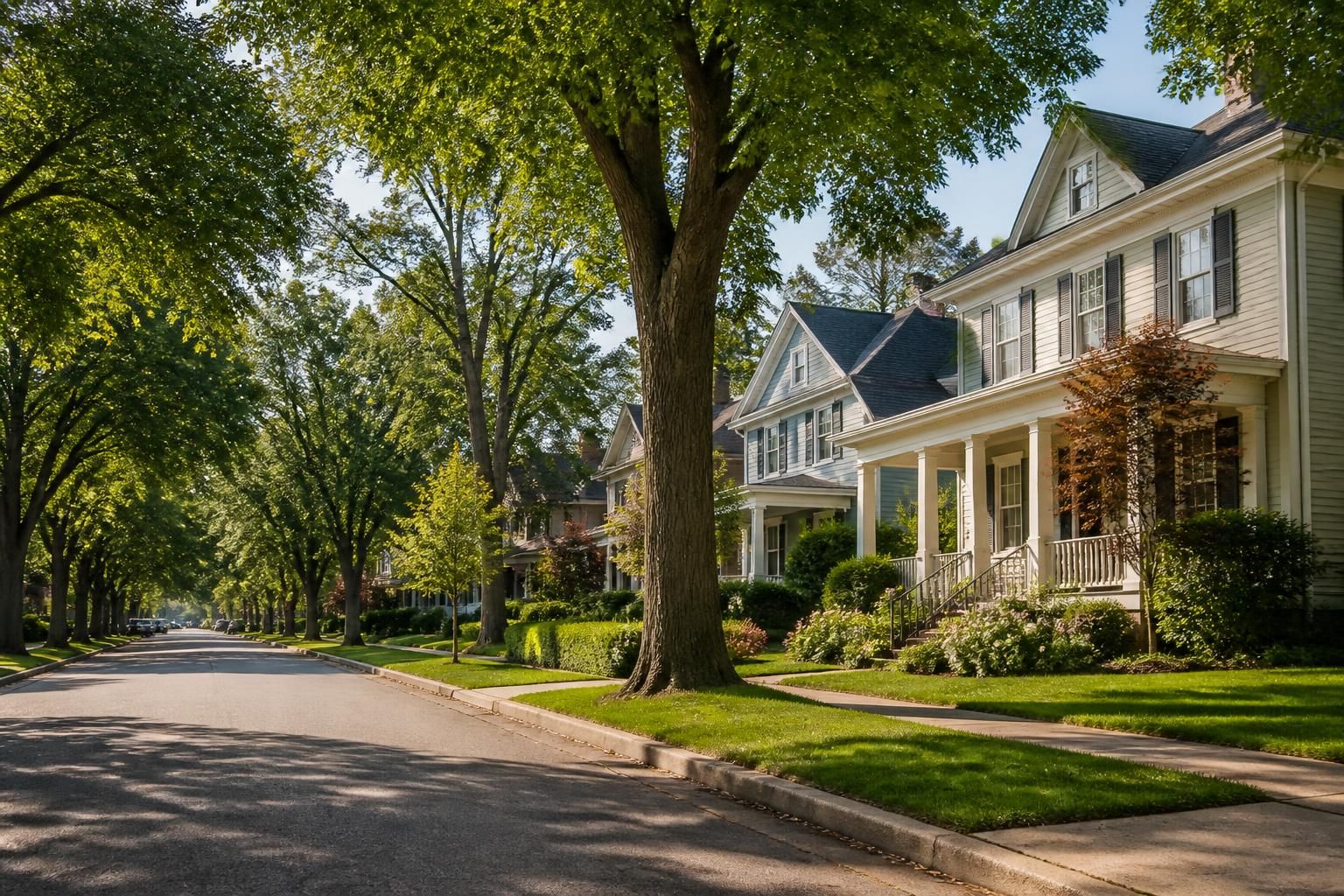 Tree-lined residential avenue with classic homes and neat front yards.