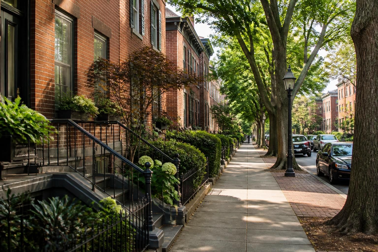 City neighborhood with mature street trees and brick homes.