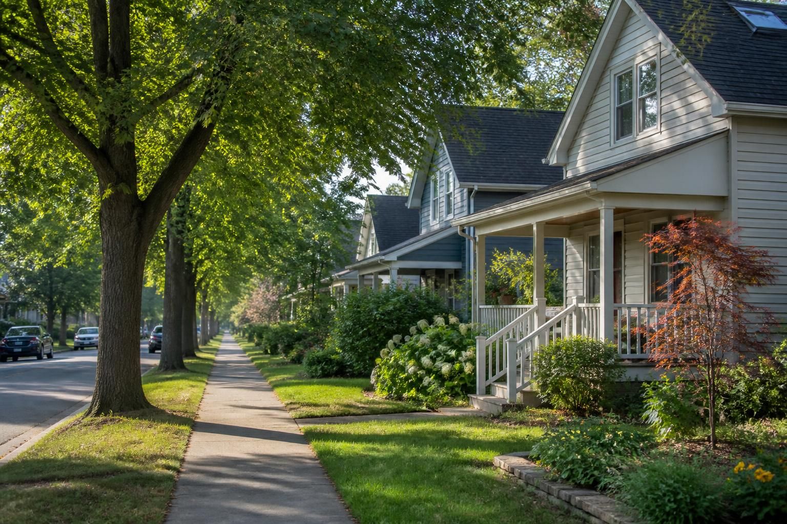 Neighborhood with mature trees, modest homes, and a clean streetscape.
