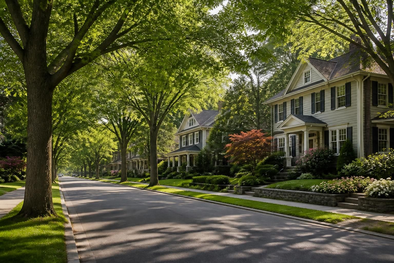 Tree-lined residential street with tidy homes and mature greenery.