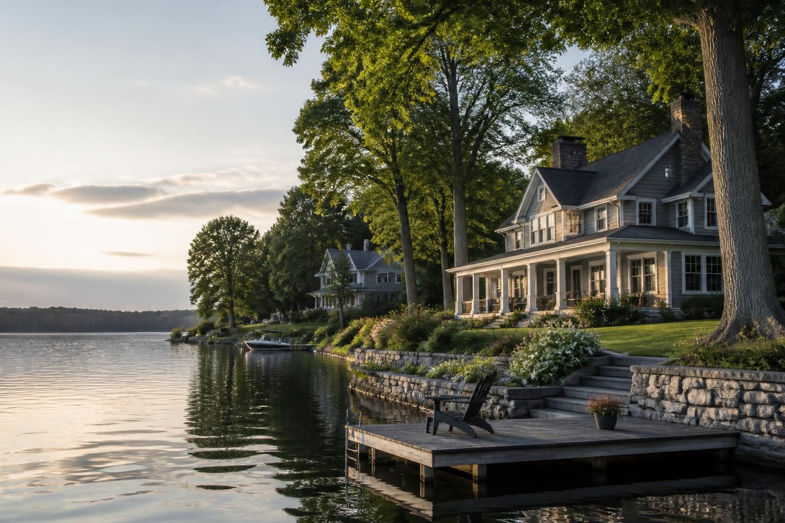 Lakeside residential scene with mature trees and calm water.