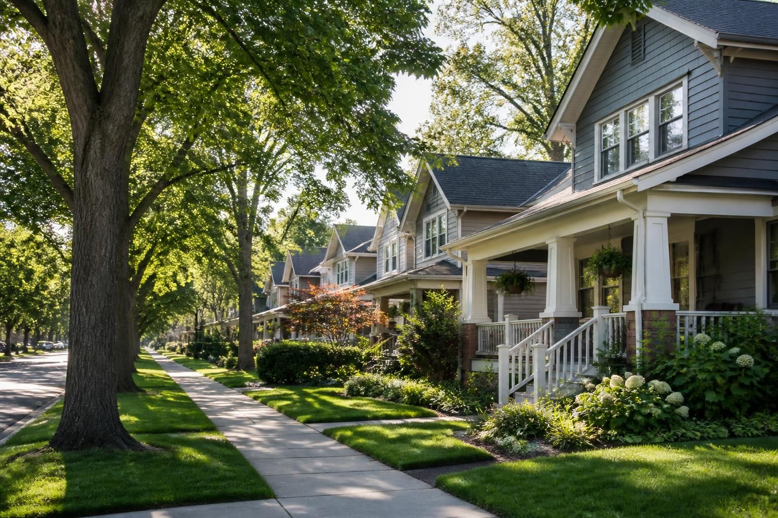 Quiet suburban neighborhood with mature trees and well-kept homes.