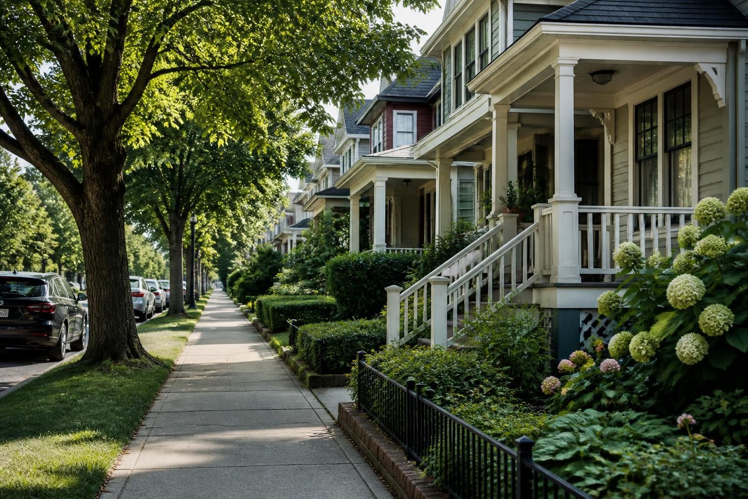 Urban neighborhood with mature street trees and clean sidewalks.