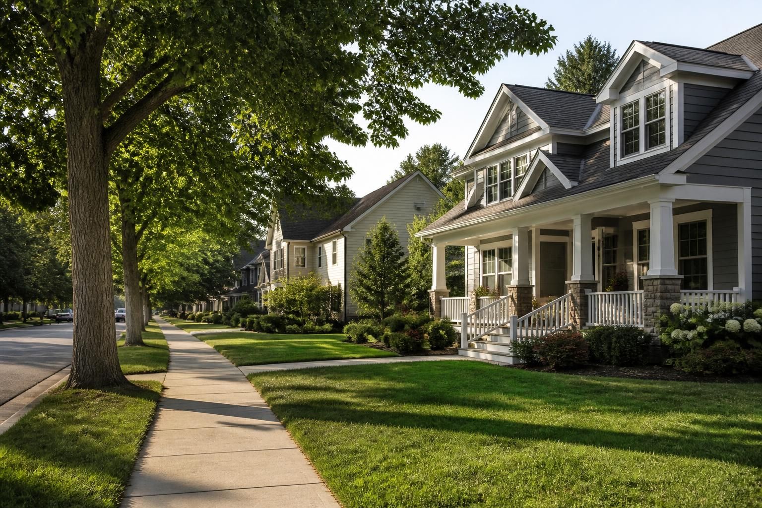 Suburban streetscape with mature trees and green lawns.