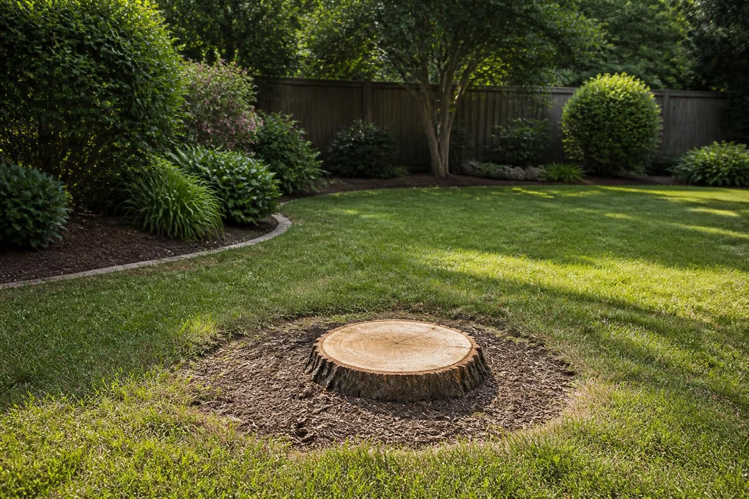 Cleared lawn with a tree removed and the area restored.